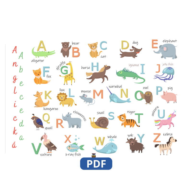 Anglická abeceda – Plagát pre deti s obrázkami zvieratiek | PDF A3