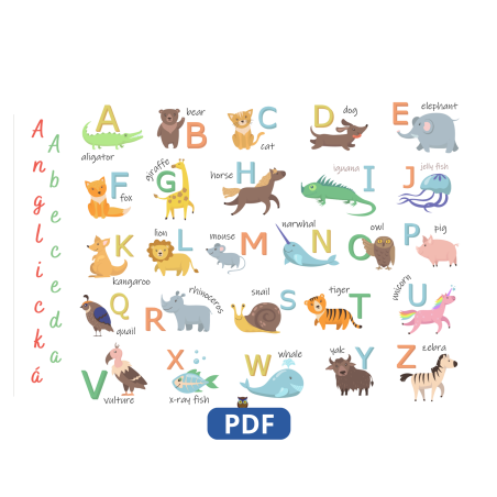 Anglická abeceda – Plagát pre deti s obrázkami zvieratiek | PDF A3